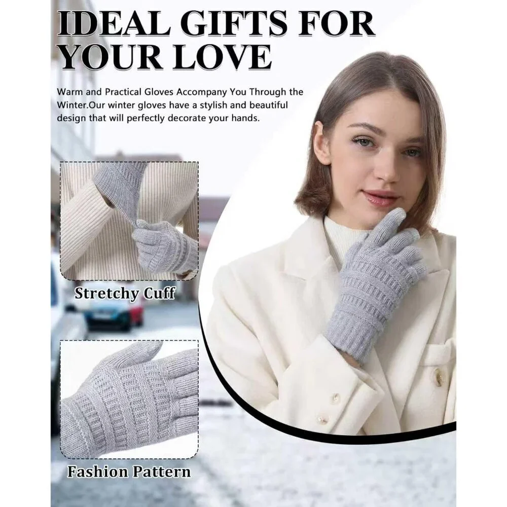 Winter Gloves Women Thermal Fleece Touchscreen 3D Pattern Fitted Elastic
